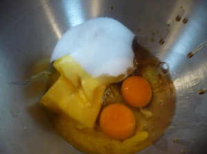 Mix butter, eggs, vanilla, sugar and milk