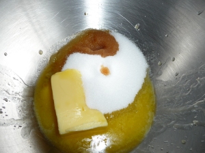 Mix in softened butter, sugar and vanilla
